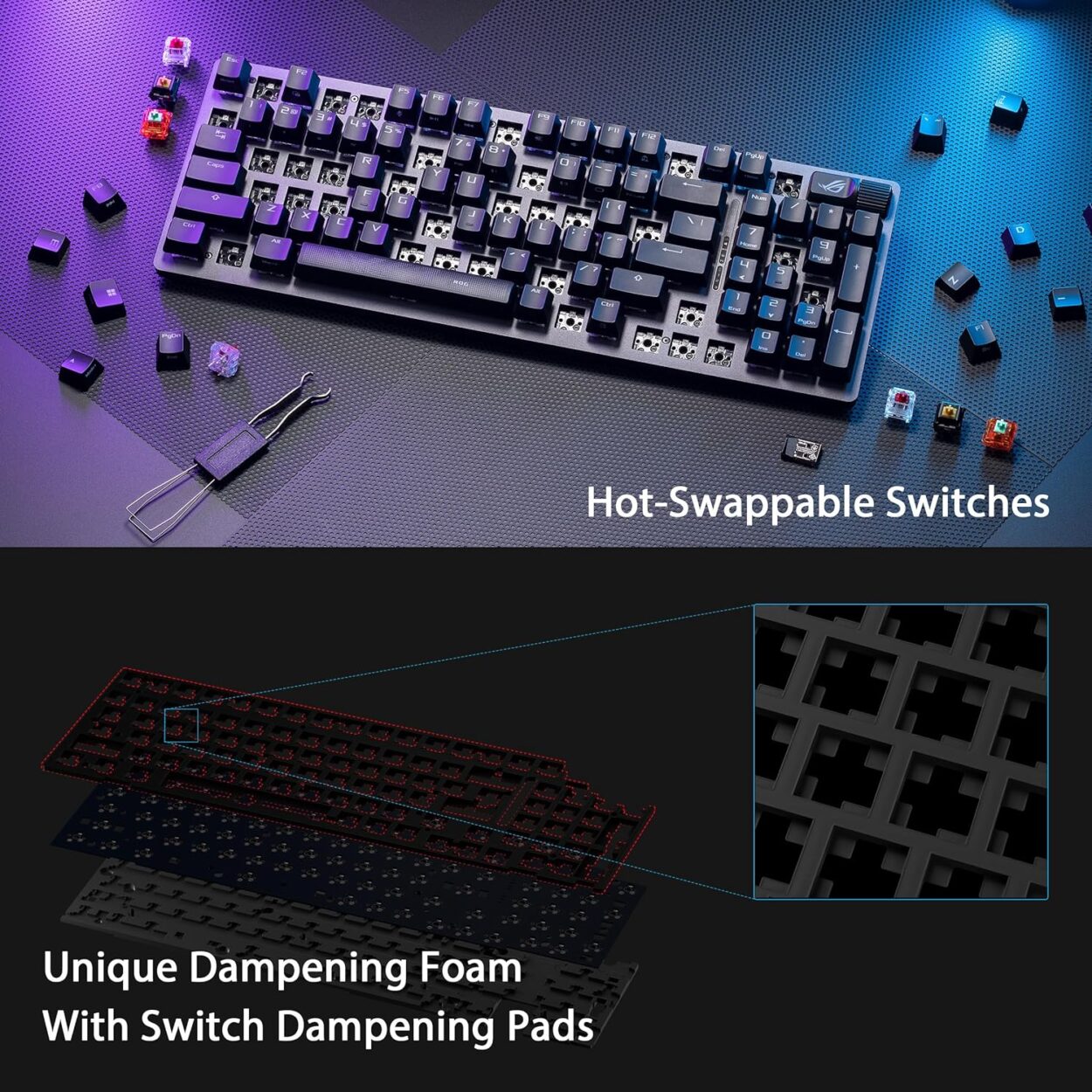 ASUS ROG Strix Scope II 96 Wireless Gaming Keyboard (X901) with tri-mode connection, streamer hotkeys, multifunction controls, hot-swappable