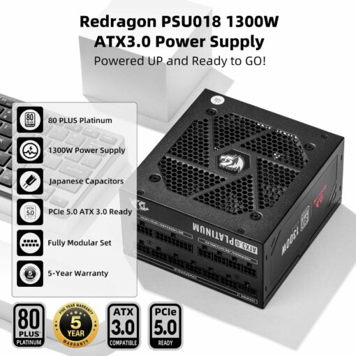 Redragon PS018 80 Plus Platinum 1300 Watt ATX 3.0 Fully Modular Power Supply