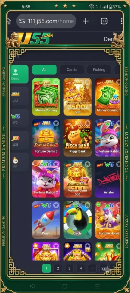 JJ55Game APK download latest version interface and mobile gaming platform