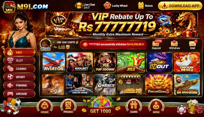 M91 Game online gaming dashboard with VIP rebate banner and multiple game options