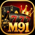 M91 Game logo with 777 slot design, crown, cards, and red-gold background